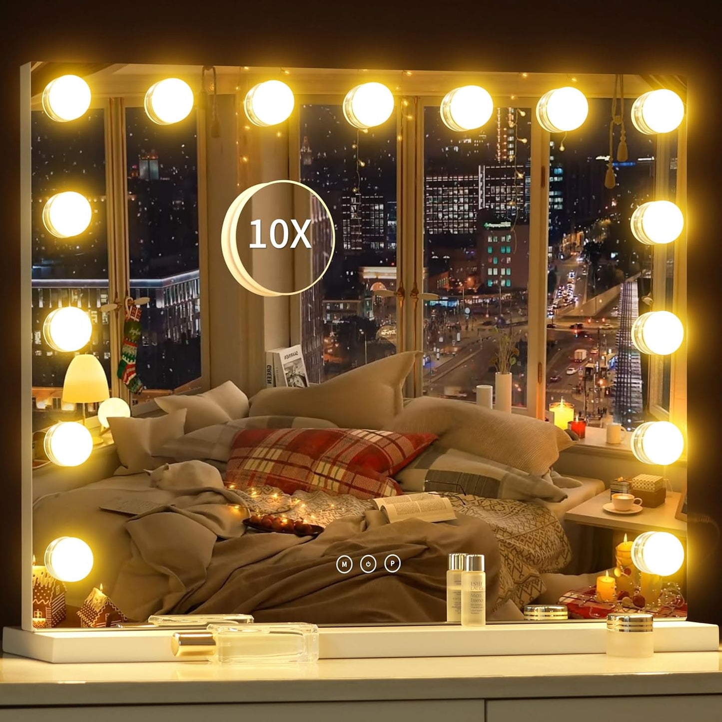 Illuminated Cosmetic Mirror with 15 Dimmable LED Bulbs, 3 Colour Lighting Modes, USB Charging Port, Touch Control, Sturdy Metal Frame, 57 X 45 Cm