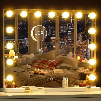 Illuminated Cosmetic Mirror with 15 Dimmable LED Bulbs, 3 Colour Lighting Modes, USB Charging Port, Touch Control, Sturdy Metal Frame, 57 X 45 Cm