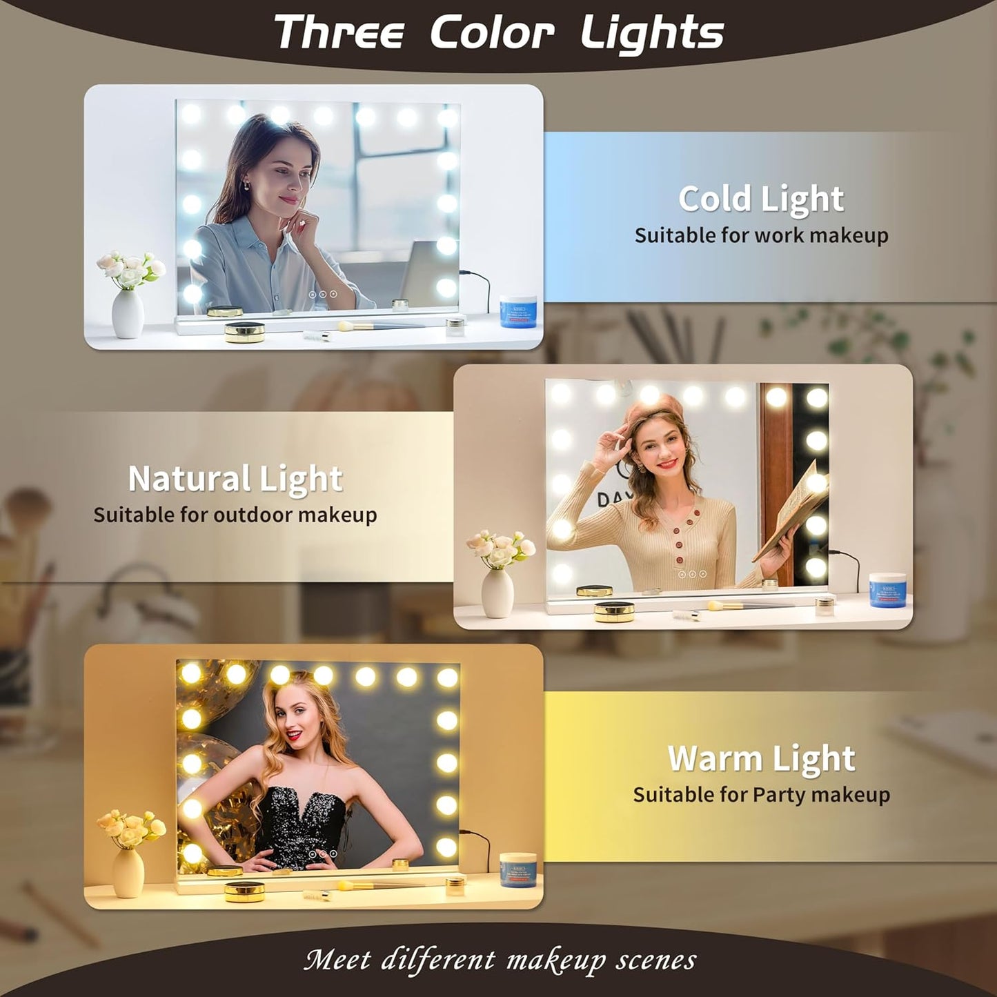 Illuminated Cosmetic Mirror with 15 Dimmable LED Bulbs, 3 Colour Lighting Modes, USB Charging Port, Touch Control, Sturdy Metal Frame, 57 X 45 Cm