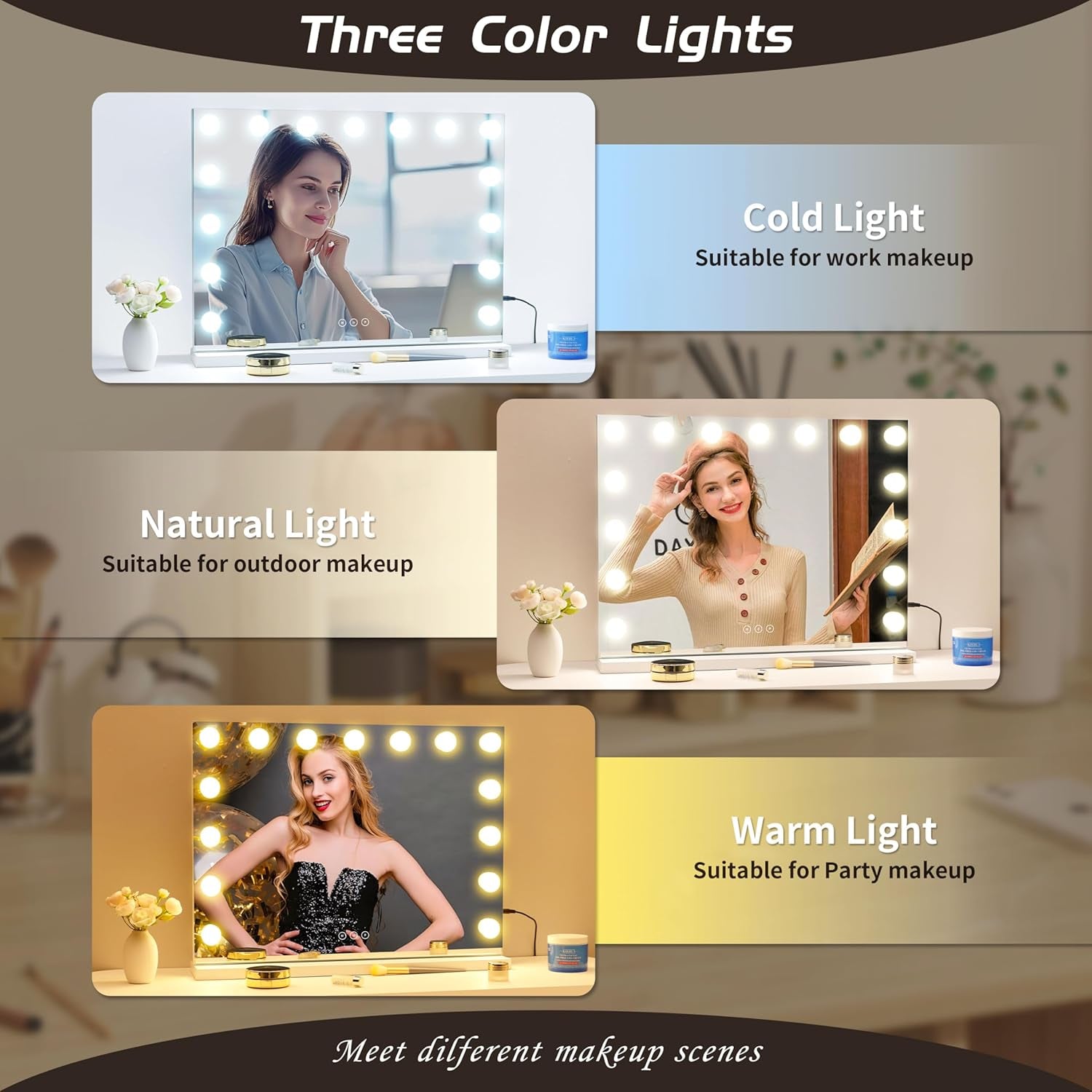 Illuminated Cosmetic Mirror with 15 Dimmable LED Bulbs, 3 Colour Lighting Modes, USB Charging Port, Touch Control, Sturdy Metal Frame, 57 X 45 Cm
