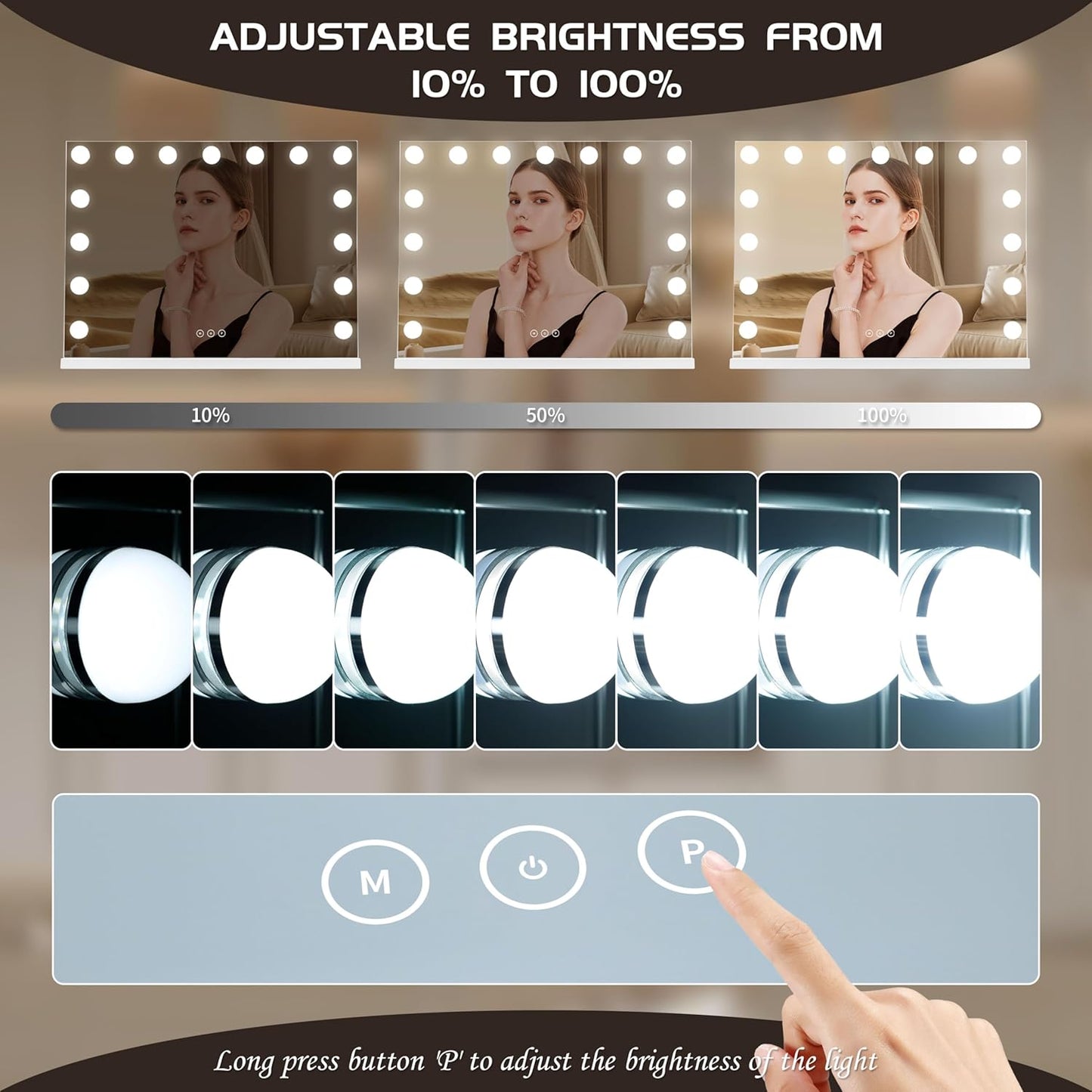 Illuminated Cosmetic Mirror with 15 Dimmable LED Bulbs, 3 Colour Lighting Modes, USB Charging Port, Touch Control, Sturdy Metal Frame, 57 X 45 Cm