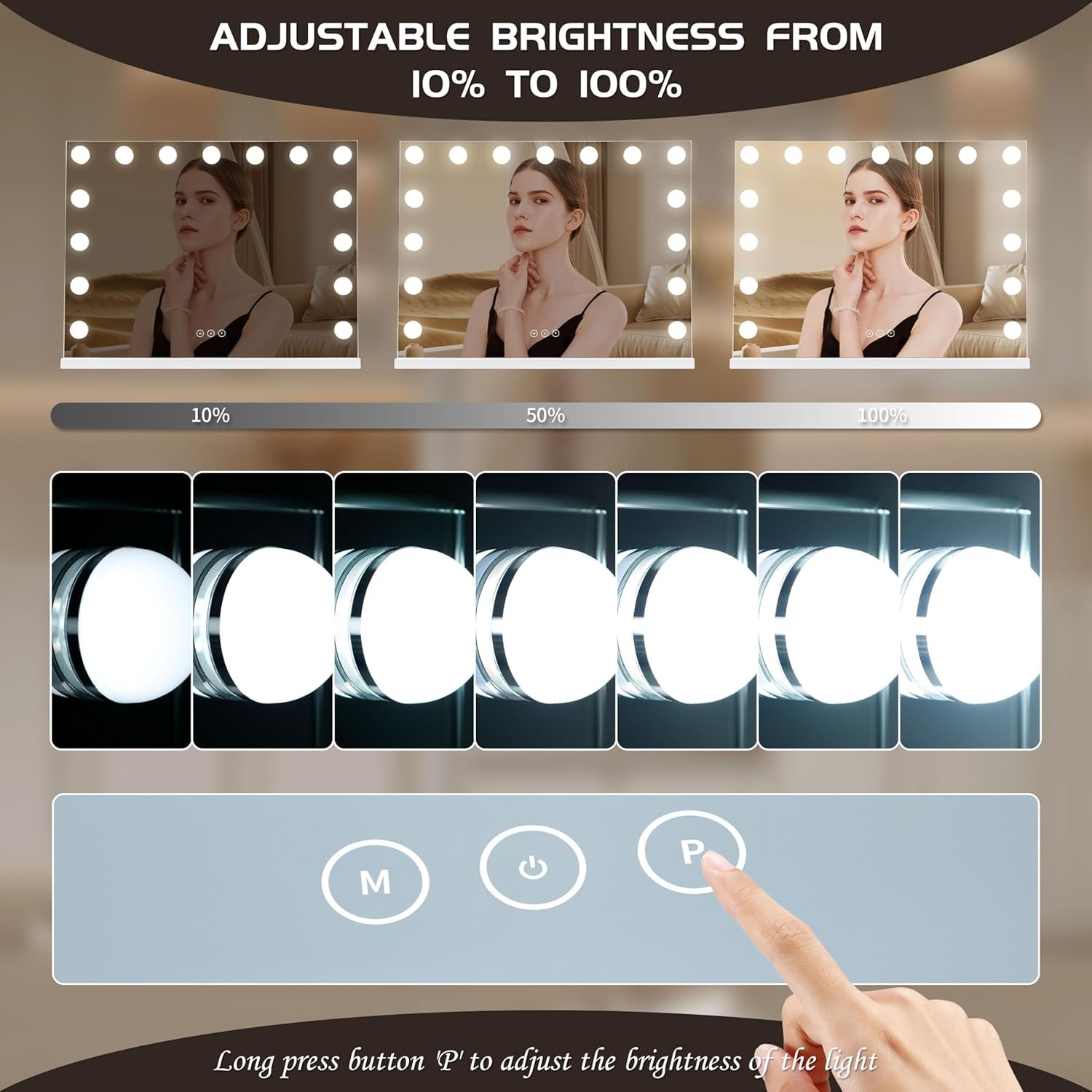 Illuminated Cosmetic Mirror with 15 Dimmable LED Bulbs, 3 Colour Lighting Modes, USB Charging Port, Touch Control, Sturdy Metal Frame, 57 X 45 Cm