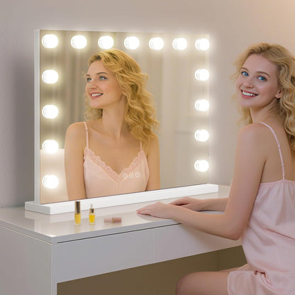 Illuminated Cosmetic Mirror with 15 Dimmable LED Bulbs, 3 Colour Lighting Modes, USB Charging Port, Touch Control, Sturdy Metal Frame, 57 X 45 Cm