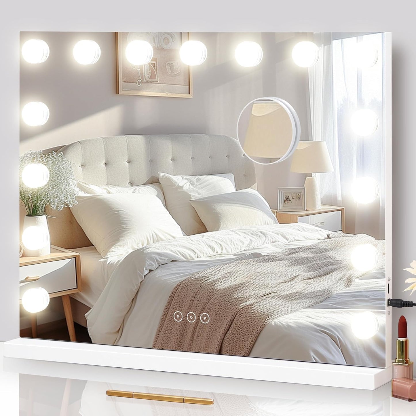 Illuminated Cosmetic Mirror with 15 Dimmable LED Bulbs, 3 Colour Lighting Modes, USB Charging Port, Touch Control, Sturdy Metal Frame, 57 X 45 Cm