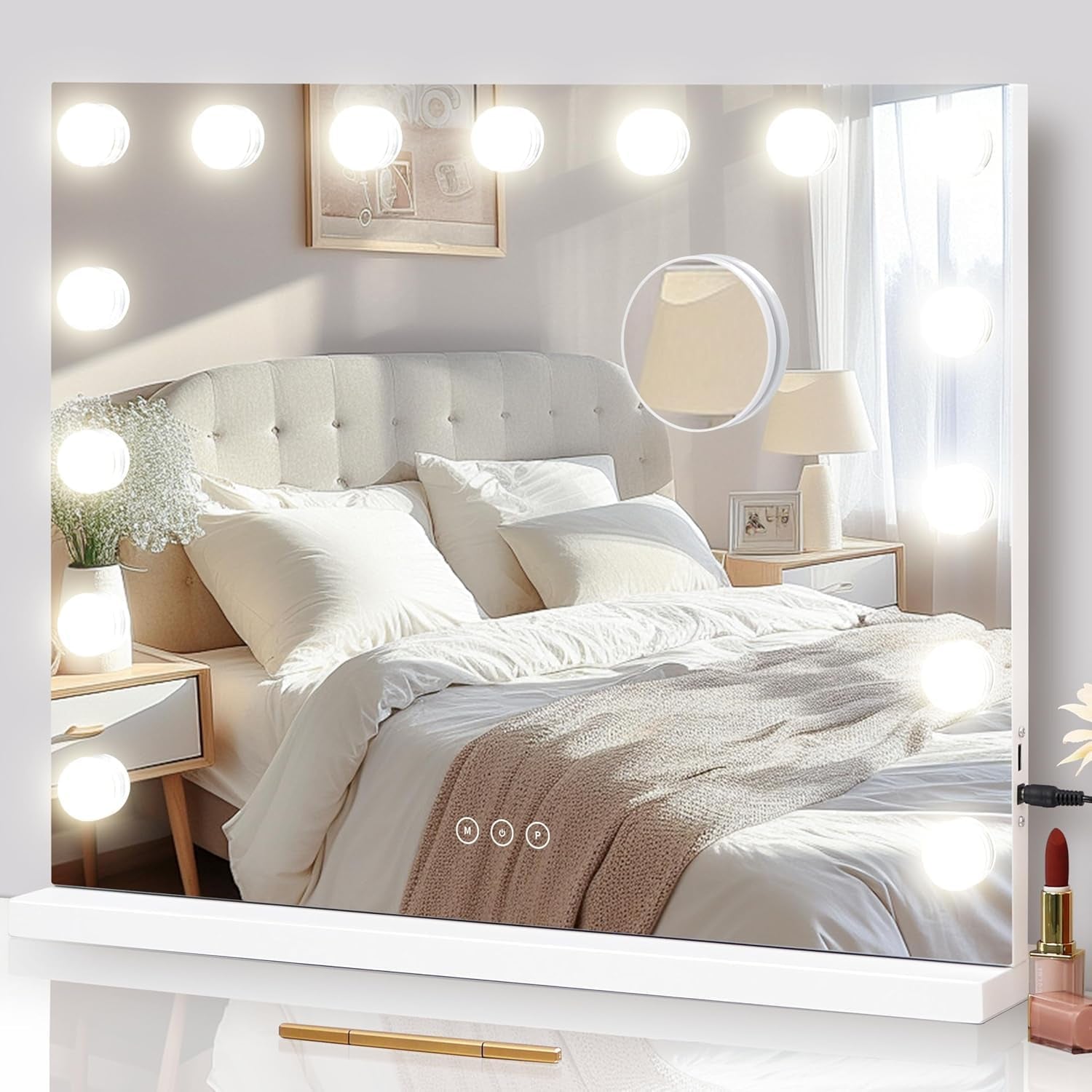 Illuminated Cosmetic Mirror with 15 Dimmable LED Bulbs, 3 Colour Lighting Modes, USB Charging Port, Touch Control, Sturdy Metal Frame, 57 X 45 Cm