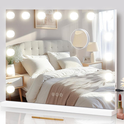 Illuminated Cosmetic Mirror with 15 Dimmable LED Bulbs, 3 Colour Lighting Modes, USB Charging Port, Touch Control, Sturdy Metal Frame, 57 X 45 Cm