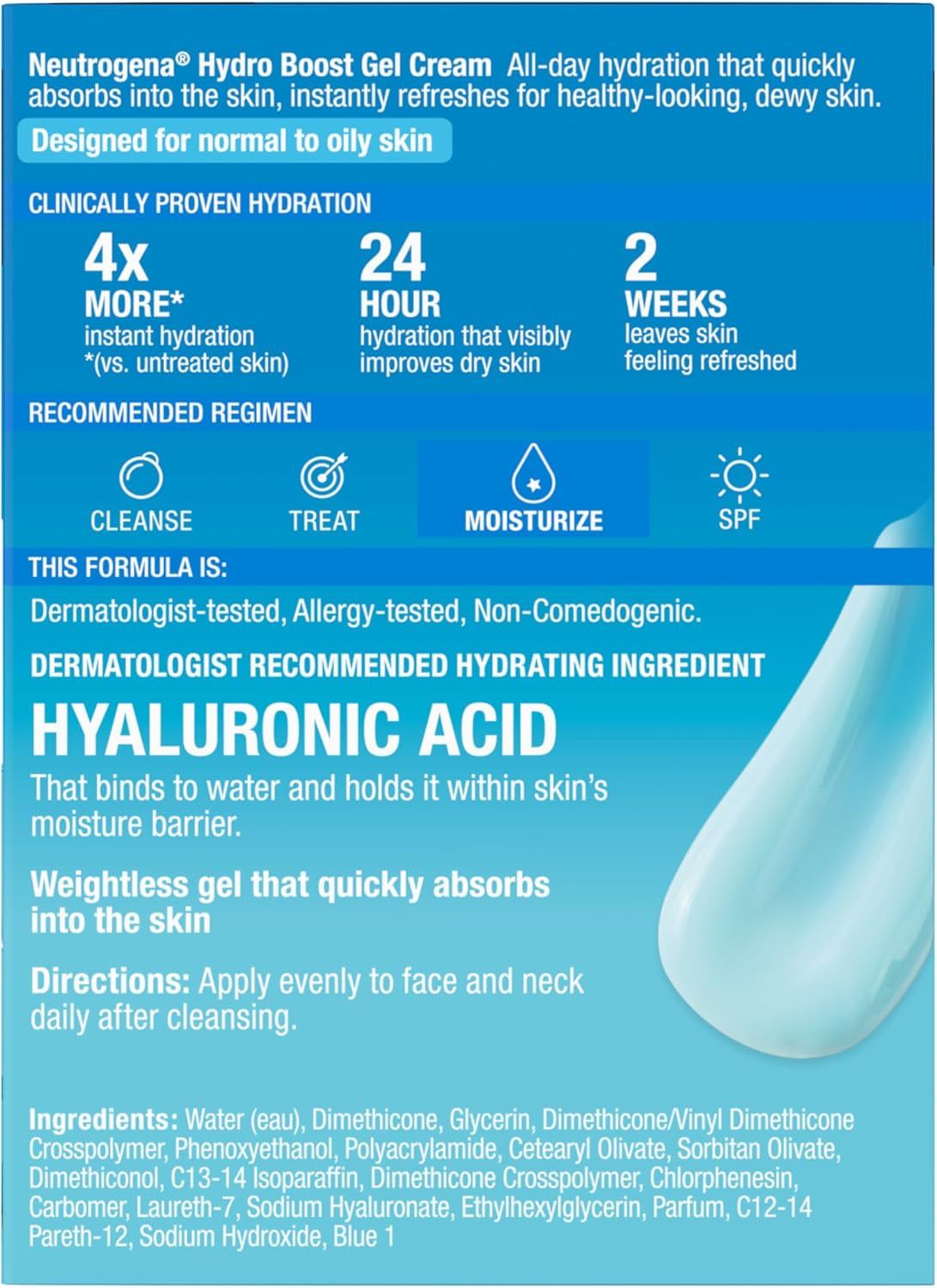 Hydro Boost Gel Cream Face Moisturizer - Oil-Free Facial Cream with Hyaluronic Acid for Dry Skin - Lightweight, Non-Comedogenic Daily Hydrating Formula, 47Ml