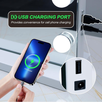 Illuminated Cosmetic Mirror with 15 Dimmable LED Bulbs, 3 Colour Lighting Modes, USB Charging Port, Touch Control, Sturdy Metal Frame, 57 X 45 Cm